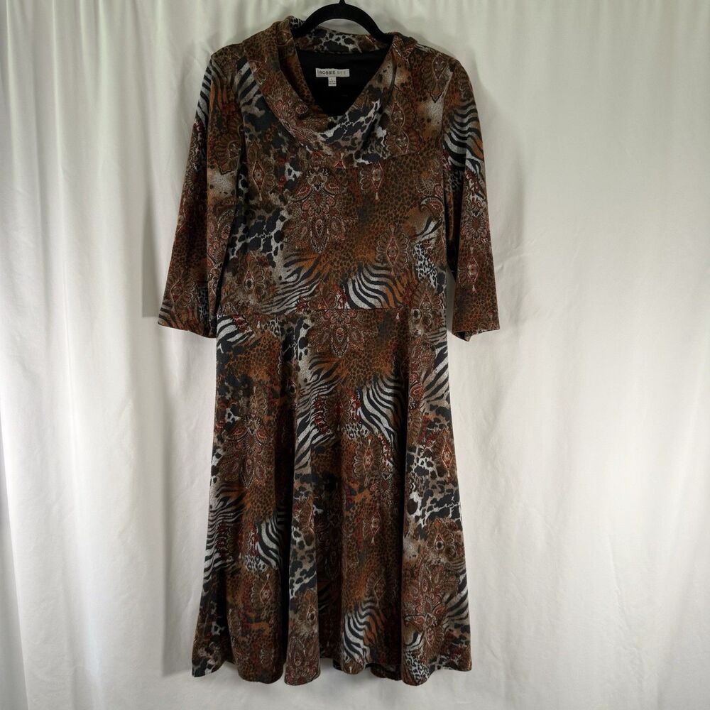 Robbie Bee Dress Women's Large Brown Paisley Mock Neck 1/2 Sleeve Midi Pullover